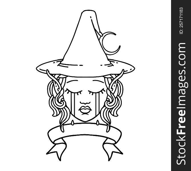 Black and White Tattoo linework Style crying elf mage character face wiht banner. Black and White Tattoo linework Style crying elf mage character face wiht banner