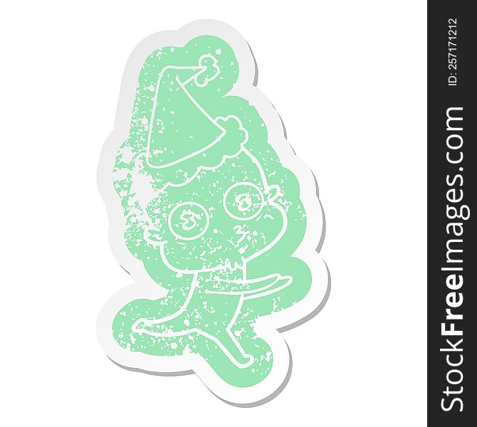 cartoon distressed sticker of a weird bald spaceman running wearing santa hat