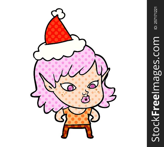 Pretty Comic Book Style Illustration Of A Elf Girl Wearing Santa Hat