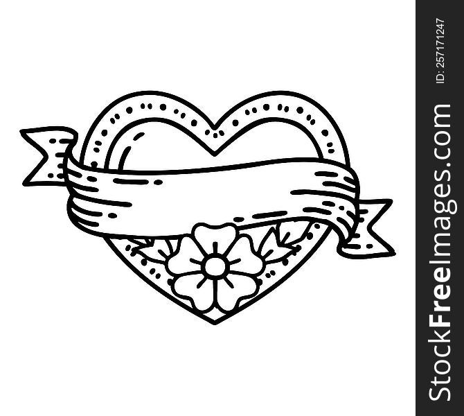 tattoo in black line style of a heart and banner with flowers. tattoo in black line style of a heart and banner with flowers