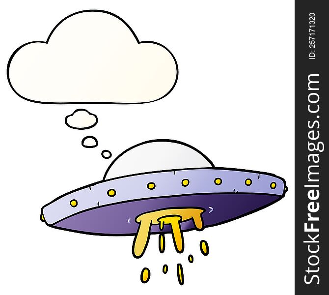 cartoon flying UFO with thought bubble in smooth gradient style