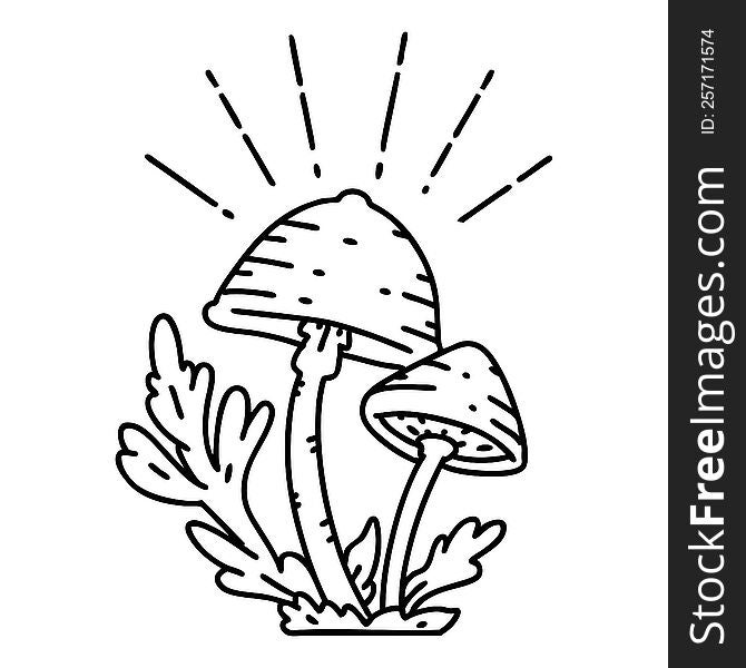 illustration of a traditional black line work tattoo style mushrooms