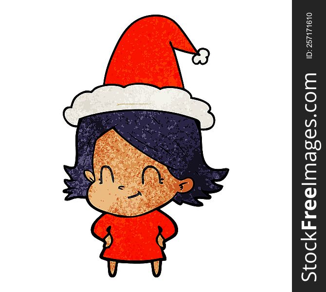 hand drawn textured cartoon of a friendly girl wearing santa hat