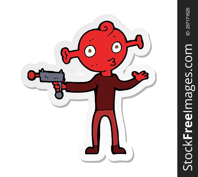 sticker of a cartoon alien with ray gun