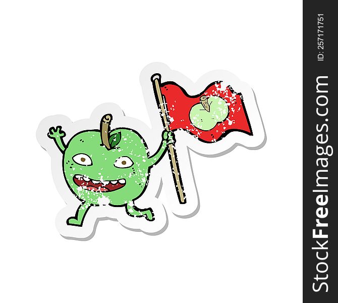 retro distressed sticker of a cartoon apple with flag