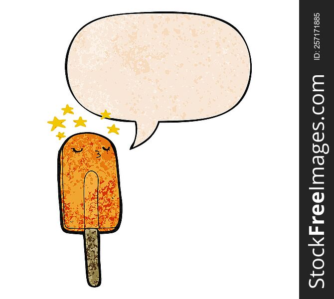 cartoon ice lolly and speech bubble in retro texture style