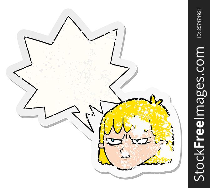 cartoon angry woman with speech bubble distressed distressed old sticker. cartoon angry woman with speech bubble distressed distressed old sticker