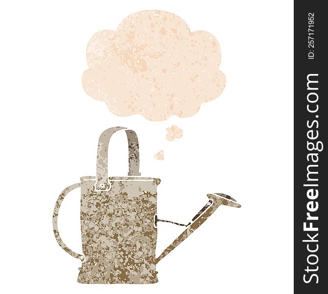 Cartoon Watering Can And Thought Bubble In Retro Textured Style