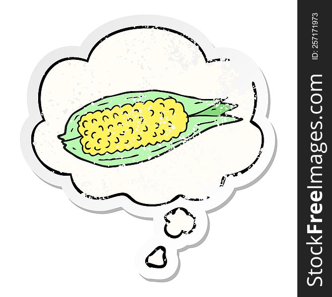 Cartoon Corn And Thought Bubble As A Distressed Worn Sticker
