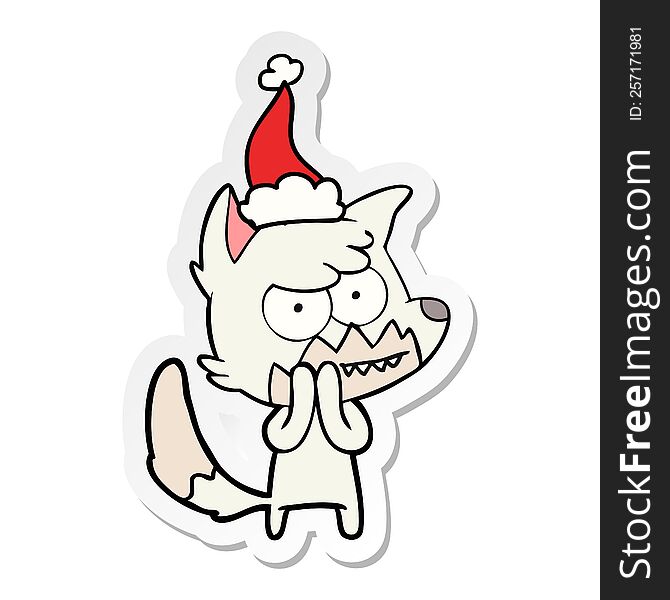 hand drawn sticker cartoon of a grinning fox wearing santa hat