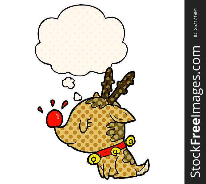 Cartoon Christmas Reindeer And Thought Bubble In Comic Book Style