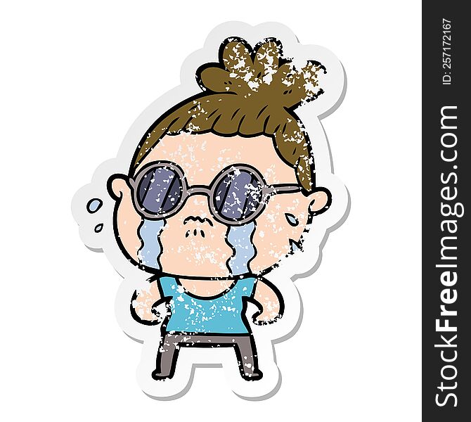 distressed sticker of a cartoon crying woman wearing sunglasses