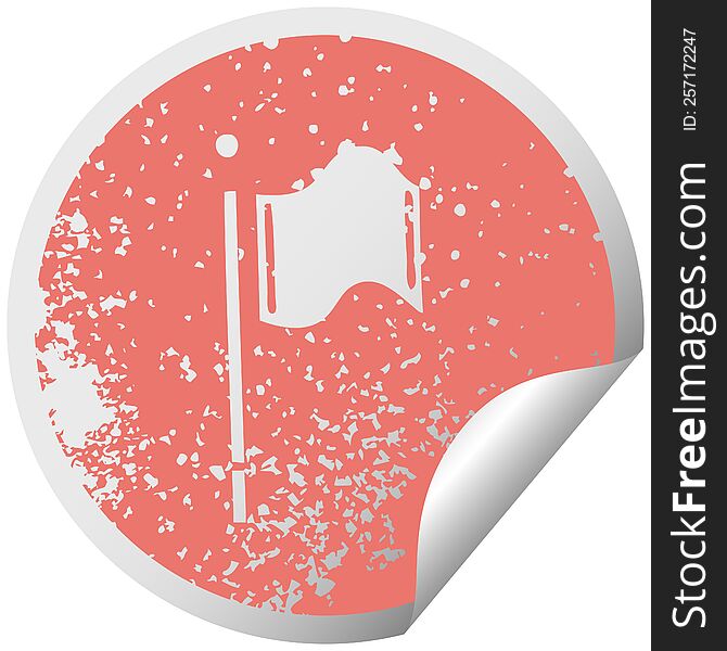 distressed circular peeling sticker symbol of a red flag