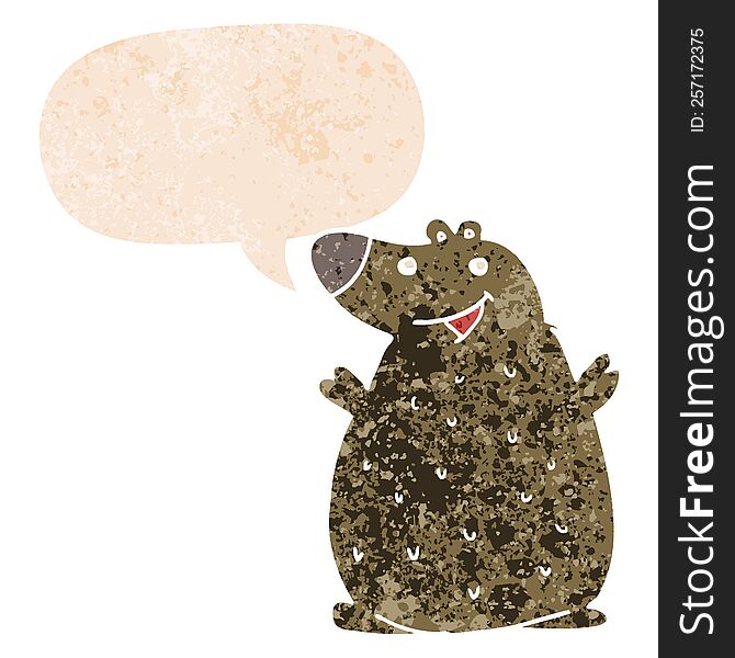 Cartoon Happy Bear And Speech Bubble In Retro Textured Style