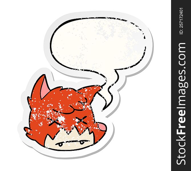 cartoon dead fox face with speech bubble distressed distressed old sticker. cartoon dead fox face with speech bubble distressed distressed old sticker