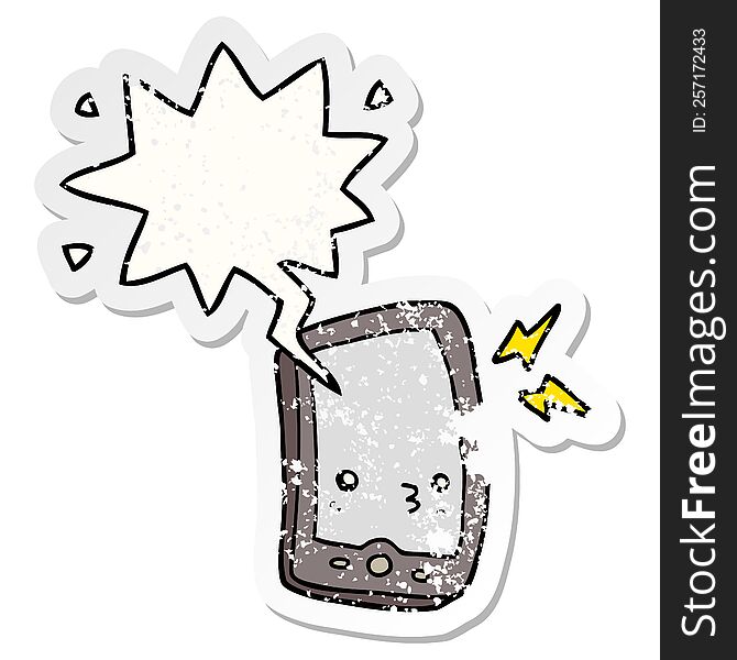 cartoon mobile phone with speech bubble distressed distressed old sticker. cartoon mobile phone with speech bubble distressed distressed old sticker