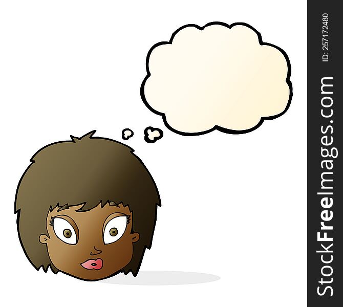 cartoon surprised female face with thought bubble