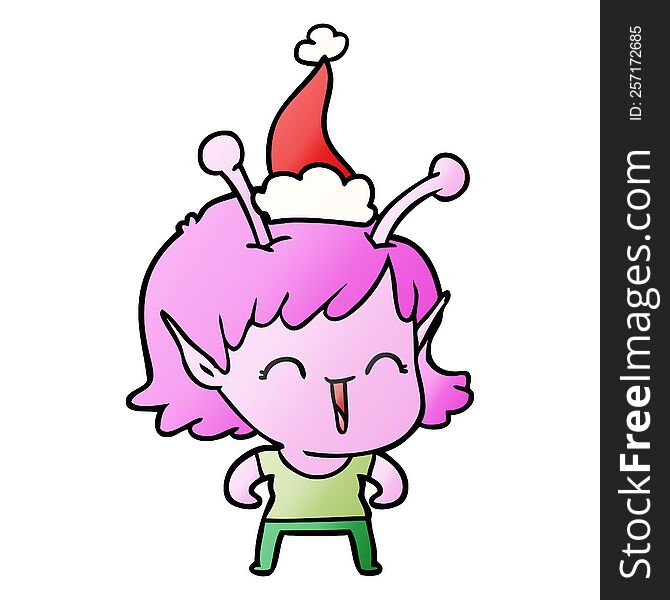 hand drawn gradient cartoon of a alien girl laughing wearing santa hat