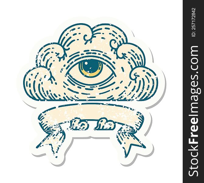 worn old sticker with banner of an all seeing eye cloud. worn old sticker with banner of an all seeing eye cloud