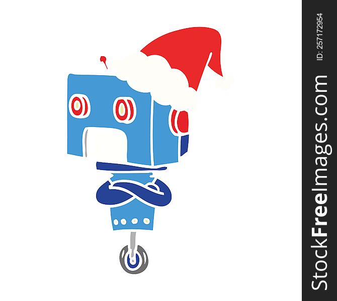 hand drawn flat color illustration of a robot wearing santa hat