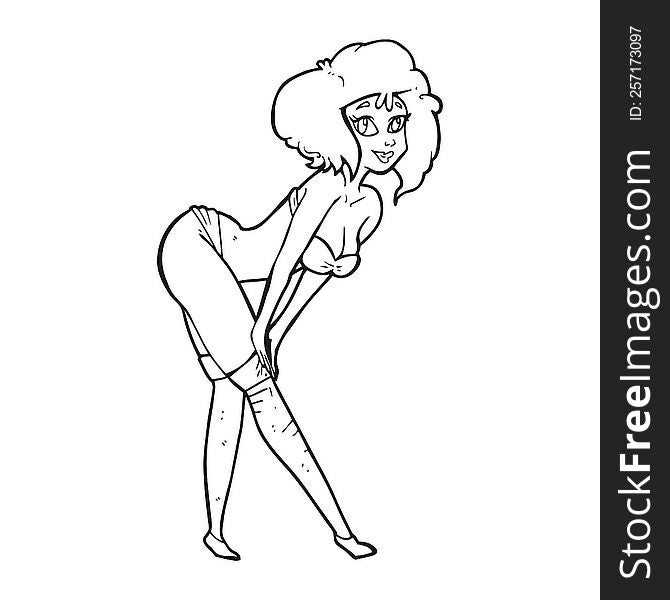 black and white cartoon pin up girl putting on stockings