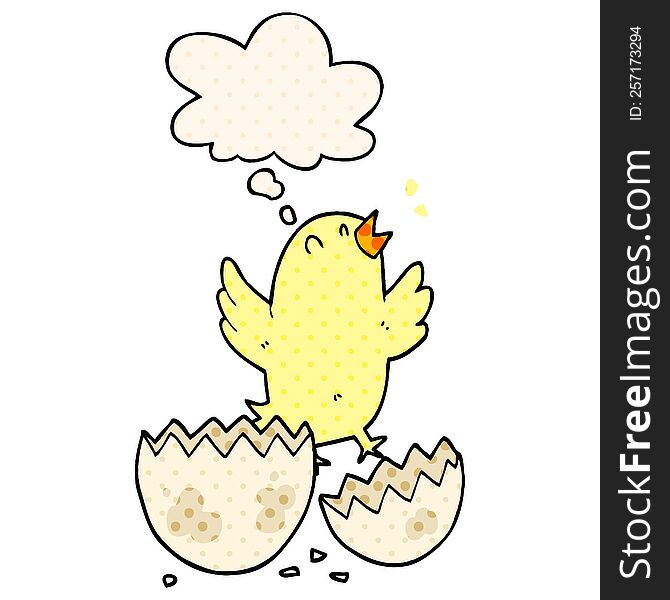 Cartoon Bird Hatching From Egg And Thought Bubble In Comic Book Style