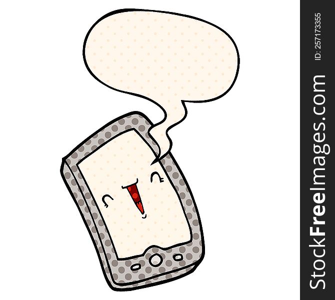 cute cartoon mobile phone and speech bubble in comic book style