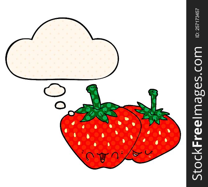 Cartoon Strawberries And Thought Bubble In Comic Book Style