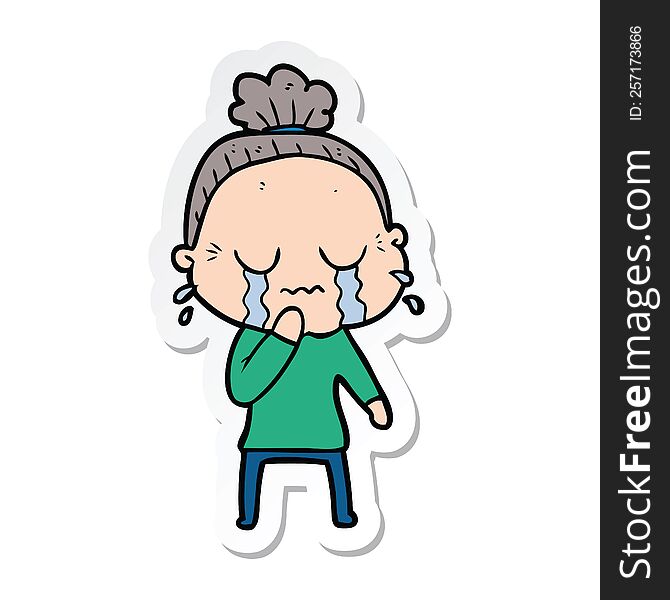 Sticker Of A Cartoon Old Woman Crying
