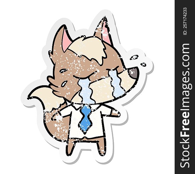 distressed sticker of a cartoon crying wolf wearing work clothes