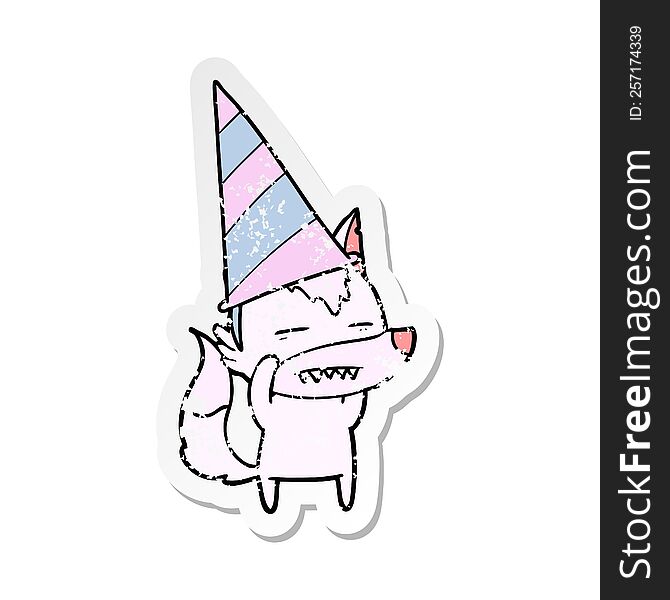 distressed sticker of a cartoon wolf in party hat