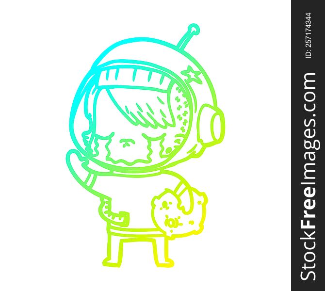 cold gradient line drawing of a cartoon crying astronaut girl carrying rock sample