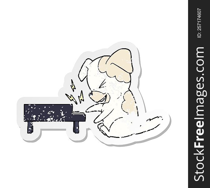 distressed sticker of a cartoon dog rocking out on piano