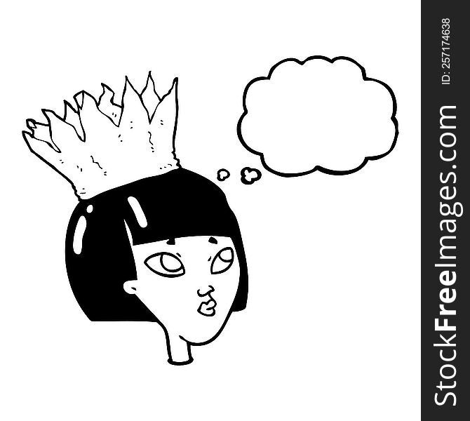 freehand drawn thought bubble cartoon woman wearing paper crown