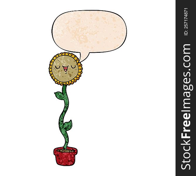 cartoon sunflower with speech bubble in retro texture style