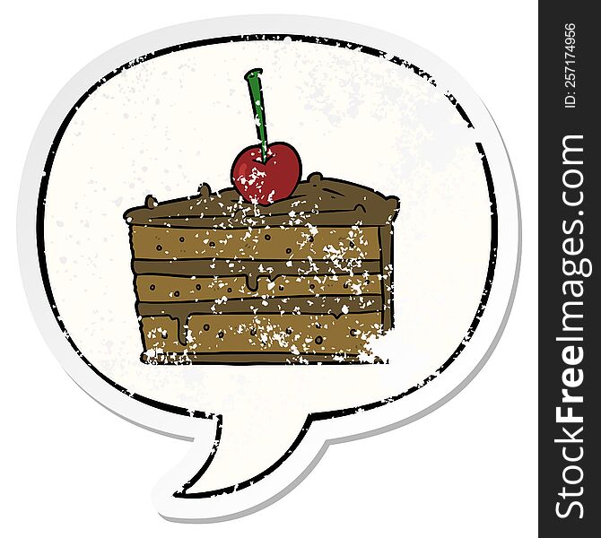Cartoon Tasty Chocolate Cake And Speech Bubble Distressed Sticker