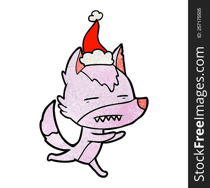 Textured Cartoon Of A Wolf Showing Teeth Wearing Santa Hat