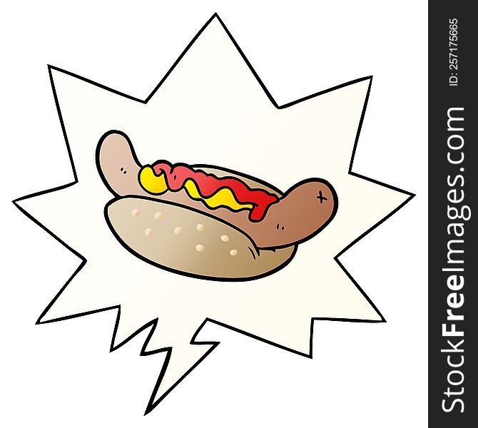 cartoon fresh tasty hot dog with speech bubble in smooth gradient style