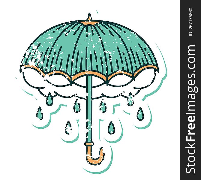 Distressed Sticker Tattoo Style Icon Of An Umbrella And Storm Cloud
