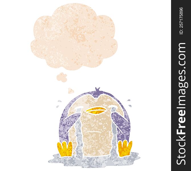 Cartoon Crying Penguin And Thought Bubble In Retro Textured Style