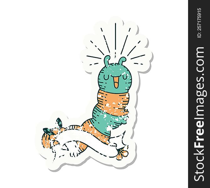 Grunge Sticker Of Tattoo Style Happy Caterpillar