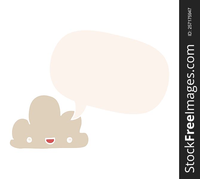 cartoon tiny happy cloud with speech bubble in retro style