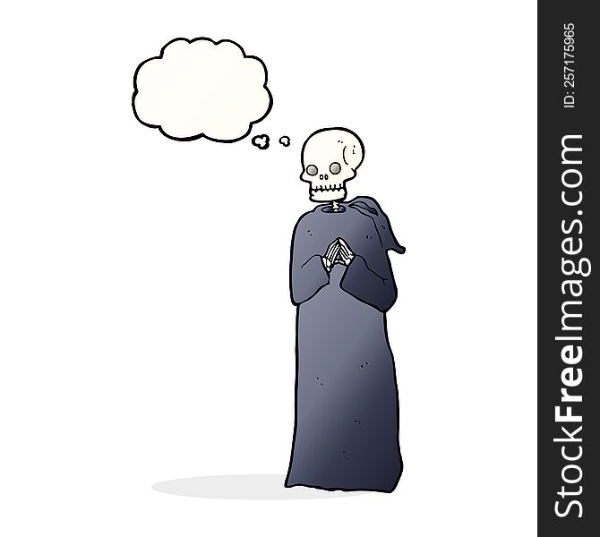 cartoon skeleton in black robe with thought bubble