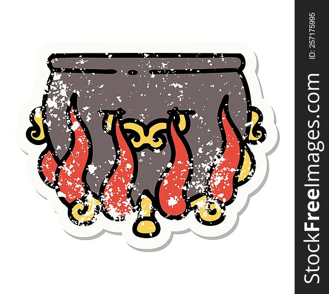 Traditional Distressed Sticker Tattoo Of Lit Cauldron