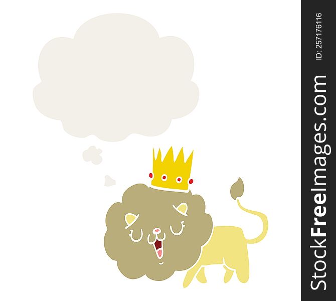 cartoon lion with crown with thought bubble in retro style