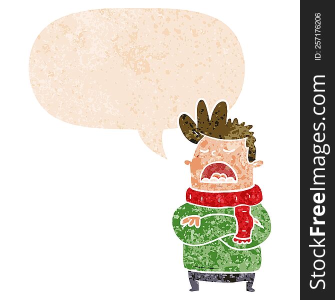 Cartoon Obnoxious Man And Speech Bubble In Retro Textured Style