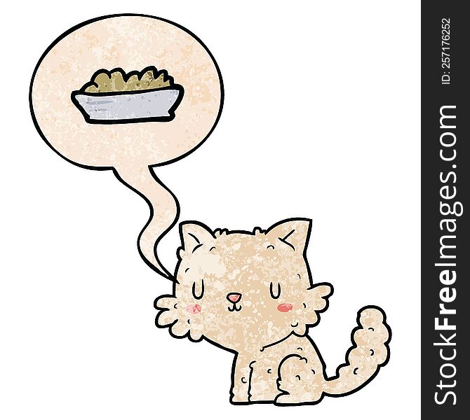 cute cartoon cat and food with speech bubble in retro texture style