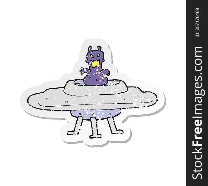 Retro Distressed Sticker Of A Cartoon Alien In Flying Saucer