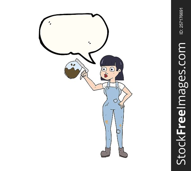 freehand drawn speech bubble cartoon woman in dungarees with coffee