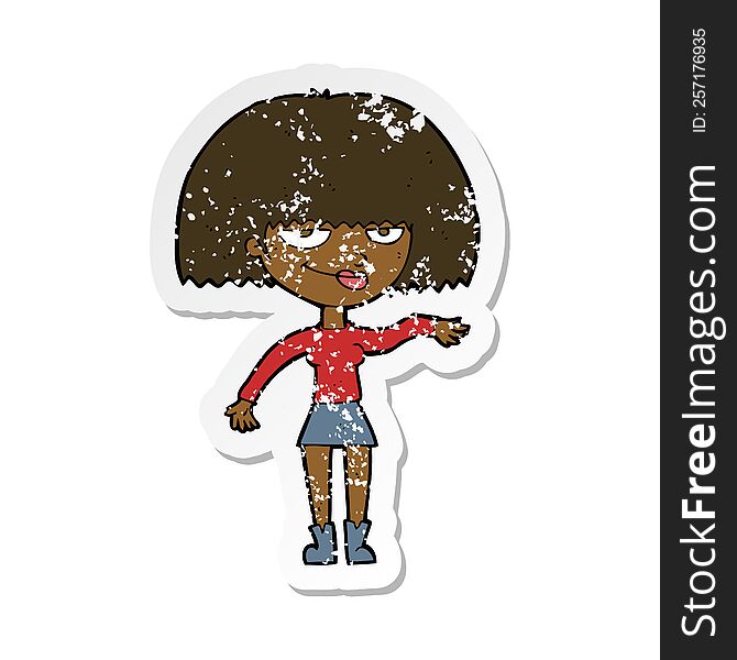 Retro Distressed Sticker Of A Cartoon Smug Woman Making Dismissive Gesture